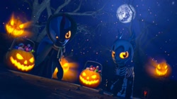 Size: 2048x1152 | Tagged: safe, artist:hexedkaiser, oc, oc only, pony, 3d, clothes, costume, duo, duo female, female, halloween, halloween costume, holiday, jack-o-lantern, mare, night, pumpkin