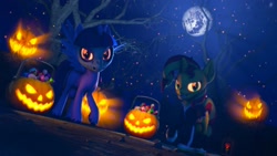 Size: 2048x1152 | Tagged: safe, artist:hexedkaiser, sunset shimmer, twilight sparkle, pony, 3d, clothes, costume, duo, duo female, female, halloween, halloween costume, holiday, mare, night