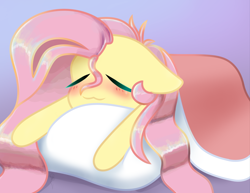 Size: 2048x1578 | Tagged: safe, artist:wofnid, imported from derpibooru, fluttershy, pegasus, pony, :3, bed, blanket, blush lines, blushing, closed mouth, colored lineart, cute, eyes closed, female, floppy ears, gradient background, in bed, lying down, mare, pillow, prone, shiny mane, shyabetes, signature, sleeping, smiling, solo, under blanket