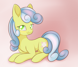 Size: 1883x1619 | Tagged: safe, artist:dusthiel, imported from derpibooru, nurse coldheart, nurse snowheart, earth pony, pony, commission, female, gradient background, looking at you, lying down, mare, missing accessory, prone, smiling, smiling at you, solo