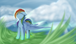 Size: 3500x2050 | Tagged: safe, artist:dusthiel, imported from derpibooru, rainbow dash, pegasus, pony, eyes closed, female, floppy ears, grass, mare, outdoors, smiling, solo, spread wings, wings