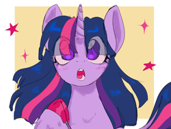 Size: 1600x1200 | Tagged: dead source, safe, artist:xekiida, imported from derpibooru, twilight sparkle, pony, unicorn, :o, blush lines, blushing, bust, close-up, cloven hooves, colored hooves, eye clipping through hair, female, flowing mane, front view, hooves, horn, looking at you, mare, open mouth, passepartout, pink hooves, pixel-crisp art, portrait, raised hoof, shiny hooves, simple background, solo, sparkles, stars, teeth, unicorn twilight, unshorn fetlocks, yellow background