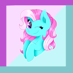 Size: 1800x1800 | Tagged: safe, artist:kathepart, imported from derpibooru, minty, earth pony, cute, female, g3, looking at you, one eye closed, passepartout, simple background, solo