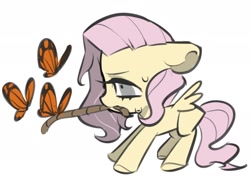 Size: 2048x1536 | Tagged: safe, artist:kk18423731, imported from derpibooru, fluttershy, butterfly, pegasus, pony, cute, female, filly, foal, mouth hold, shyabetes, simple background, solo, spread wings, stick, sweat, sweatdrop, weapons-grade cute, white background, wings, younger