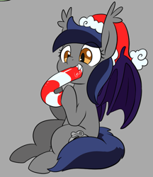 Size: 603x698 | Tagged: safe, artist:dudey64, imported from derpibooru, oc, oc only, oc:echo, bat pony, pony, bat ears, bat pony oc, bat wings, candy, candy cane, christmas, drool, ear tufts, eating, eye clipping through hair, fangs, female, female oc, food, gray background, hat, holiday, hoof hold, mare oc, santa hat, simple background, sitting, spread wings, wings