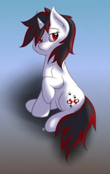 Size: 807x1280 | Tagged: safe, artist:capseys, imported from derpibooru, oc, oc only, oc:blackjack, pony, unicorn, fallout equestria, fallout equestria: project horizons, fanfic art, female, female oc, horn, looking at you, mare, mare oc, sitting, solo, two toned mane, unicorn oc