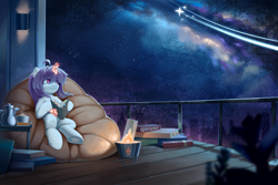 Size: 4500x3000 | Tagged: safe, artist:erenrat_yun, imported from derpibooru, oc, oc only, oc:泠, unicorn, balcony, beanbag chair, book, cup, galaxy, horn, night, solo, stars, teacup, teapot