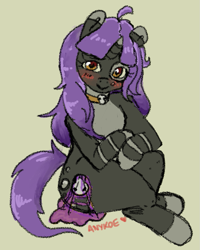 Size: 799x1000 | Tagged: safe, artist:anykoe, imported from derpibooru, oc, oc:shadow fun, unicorn, black skin, blushing, collar, colored sketch, cute, female, heart, heart eyes, horn, looking at you, poison, purple mane, signature, simple background, sitting, sketch, solo, unicorn oc, venom, wingding eyes