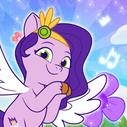 Size: 1000x1000 | Tagged: safe, imported from derpibooru, pipp petals, pegasus, pony, 2d, chubby, female, flower, g5, looking at you, mare, music notes, my little pony: tell your tale, official, profile picture, round belly, smiling, smiling at you, solo, spread wings, weixin, wings