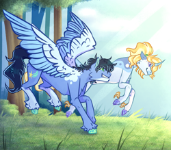 Size: 4000x3500 | Tagged: safe, artist:honkhonkbonk, imported from derpibooru, oc, oc only, oc:bluebell, oc:lucky star, pegasus, pony, unicorn, duo, duo male and female, female, half-siblings, horn, male, mare, offspring, parent:prince blueblood, parent:soarin', parent:trixie, parents:bluetrix, parents:trixin', stallion, tree