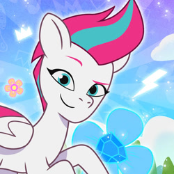 Size: 1000x1000 | Tagged: safe, imported from derpibooru, zipp storm, pegasus, pony, 2d, concave belly, crown, female, flower, g5, jewelry, looking at you, mare, my little pony: tell your tale, official, profile picture, regalia, slender, smiling, smiling at you, solo, thin, thunder bolt, weixin