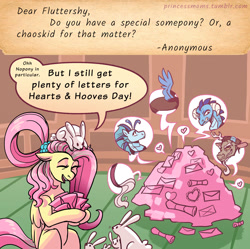 Size: 2166x2161 | Tagged: safe, artist:overlordneon, imported from derpibooru, discord, fluttershy, princess ember, sonata dusk, draconequus, dragon, pegasus, pony, rabbit, siren, animal, ask, dialogue, dragoness, eyes closed, female, floppy ears, hearts and hooves day, letter, mare, older, older fluttershy, open mouth, open smile, smiling, solo, speech bubble, tumblr