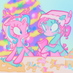 Size: 2048x2048 | Tagged: safe, artist:gingergeepers, imported from derpibooru, cotton candy (g3), minty, earth pony, pony, alternate hairstyle, apron, baking, bauble, bipedal, bow, christmas, christmas ornament, christmas tree, clothes, colored lineart, cookie, decoration, dough, duo, duo female, eyebrows, eyelashes, fake antlers, female, floppy ears, food, food on face, frosting, fur trim, g3, gingerbread (food), gingerbread house, hair ribbon, hairband, hat, holiday, hoof hold, icing bag, indoors, long eyelashes, looking at someone, looking sideways, mare, motion lines, multicolored mane, pastel, ribbon, rolling pin, santa hat, table, three quarter view, tied mane, tree, wide eyes