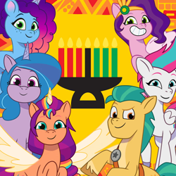 Size: 600x600 | Tagged: safe, edit, edited screencap, imported from derpibooru, screencap, hitch trailblazer, izzy moonbow, pipp petals, sunny starscout, zipp storm, alicorn sunny starscout, g5, kwanzaa, misty brightdawn