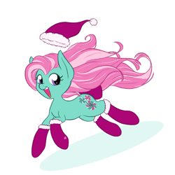 Size: 2048x2048 | Tagged: safe, artist:scribbleymewzaque, imported from derpibooru, minty, earth pony, pony, :d, bow, christmas, clothes, colored lineart, female, full body, fur trim, g3, hat, heart, heart mark, holiday, looking at you, mare, open mouth, open smile, running, santa hat, shadow, simple background, smiling, smiling at you, socks, solo, tail, tail bow, teeth, three quarter view, white background, windswept mane, windswept tail