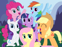 Size: 4128x3096 | Tagged: safe, artist:dansproblems, imported from derpibooru, applejack, fluttershy, pinkie pie, rainbow dash, rarity, twilight sparkle, alicorn, earth pony, pegasus, pony, unicorn, female, horn, mane six, mane six opening poses, mare, one eye closed, open mouth, open smile, outdoors, smiling, twilight sparkle (alicorn), waving, wink