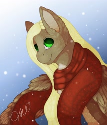 Size: 3000x3500 | Tagged: safe, artist:lunayourlife, imported from derpibooru, oc, pegasus, pony, clothes, my little pony, scarf, simple background, smiling, snow, unnamed character, winter