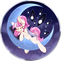 Size: 3000x3000 | Tagged: safe, artist:dewdropinn, imported from derpibooru, oc, oc only, oc:aldea, oc:moon veil, bat pony, body horror, commission, crescent moon, eldritch abomination, moon, multiple eyes, night, night sky, pink mane, sky, sleeping, ych result