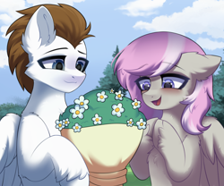 Size: 2400x2000 | Tagged: safe, artist:alunedoodle, imported from derpibooru, oc, oc only, pegasus, pony, blushing, bouquet, bouquet of flowers, couple, duo, duo male and female, female, flower, male, sky, smiling, sparkles, sparkly eyes, tree, two toned mane, wingding eyes