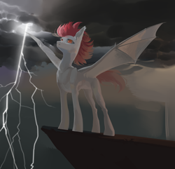 Size: 4250x4093 | Tagged: safe, artist:yanis_fucker, imported from derpibooru, oc, oc only, bat pony, pony, concave belly, ear tufts, lightning, solo, spread wings, wings