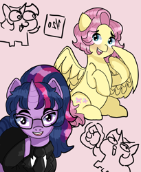 Size: 1445x1766 | Tagged: safe, artist:janon-s4rever1, imported from derpibooru, fluttershy, twilight sparkle, pegasus, pony, unicorn, alternate hairstyle, blushing, clothes, female, glasses, hand, hoodie, horn, looking at you, magic, magic hands, mare, pink background, ponytail, short mane, simple background, smiling, smiling at you, squatpony, twiggie