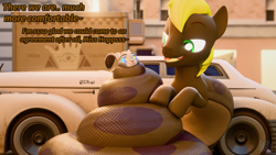 Size: 3840x2160 | Tagged: safe, artist:halbunart, imported from derpibooru, oc, oc:mesme rize, anthro, lamia, original species, rabbit, snake, snake pony, 3d, animal, car, coiling, coils, hypno eyes, hypnosis, judy hopps, kaa eyes, parking lot, police, text, zootopia