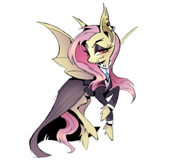 Size: 1925x1760 | Tagged: safe, artist:pollovy, imported from derpibooru, fluttershy, bat pony, pony, bat ears, bat ponified, bat wings, black eyeshadow, brooch, closed mouth, clothes, crossed legs, ear piercing, ear tufts, eyebrows, eyelashes, eyeshadow, fangs, female, flutterbat, fluttergoth, flying, frills, full body, gem, hoof fluff, jewelry, lidded eyes, long eyelashes, long sleeves, looking at you, makeup, mare, piercing, pinstripes, race swap, red eyes, simple background, smiling, smiling at you, solo, spread wings, suit, turned head, wavy mouth, white background, windswept mane, wings