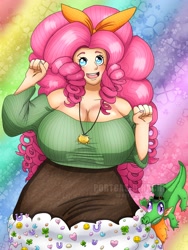 Size: 3072x4096 | Tagged: safe, artist:portgas-d-hachi, imported from derpibooru, gummy, pinkie pie, alligator, human, big breasts, breasts, busty pinkie pie, cleavage, clothes, drill hair, duo, duo male and female, elf ears, fake beard, fake ears, female, hat, high res, holiday, huge breasts, humanized, jewelry, leprechaun, light skin, looking at you, male, necklace, off shoulder, open mouth, open smile, rainbow background, saint patrick's day, smiling, smiling at you, top hat