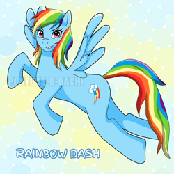 Size: 894x894 | Tagged: safe, artist:portgas-d-hachi, imported from derpibooru, rainbow dash, pegasus, pony, abstract background, backwards cutie mark, eyebrows, eyebrows visible through hair, female, flying, grin, looking at you, mare, smiling, solo, spread wings, wings