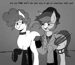 Size: 2972x2580 | Tagged: safe, artist:isaac_pony, imported from derpibooru, oc, oc only, oc:flower tie, oc:news flash, bat pony, earth pony, pony, 30s, black and white, clothes, dialogue, duo, duo female, female, grayscale, imminent sex, latex, latex socks, mare, monochrome, notepad, notes, pac-man eyes, simple background, smug, socks, text