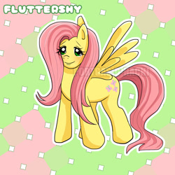 Size: 894x894 | Tagged: safe, artist:portgas-d-hachi, imported from derpibooru, fluttershy, pegasus, pony, abstract background, eye clipping through hair, female, lightly watermarked, looking at you, mare, patterned background, simple background, solo, spread wings, standing, transparent background, watermark, wings, wrong eye color