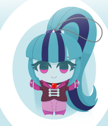 Size: 2517x2932 | Tagged: safe, alternate version, artist:batipin, imported from derpibooru, sonata dusk, human, equestria girls, abstract background, alternate character, chibi, cute, female, looking at you, plushie, smiling, smiling at you, solo, sonatabetes, toy