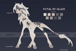 Size: 2560x1731 | Tagged: safe, artist:flightless birdie, imported from derpibooru, oc, oc:petal of silver, earth pony, pony, adoptable, color palette, concave belly, earth pony oc, english, leonine tail, long mane, long tail, reference sheet, slender, solo, standing, tail, thin, wide stance