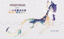 Size: 2560x1582 | Tagged: safe, artist:flightless birdie, imported from derpibooru, oc, earth pony, adoptable, color palette, countershading, hoof fluff, lacrimal caruncle, long tail, looking at you, magic tail, reference sheet, side view, slender, smiling, smiling at you, solo, tail, thin