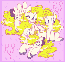 Size: 2073x1992 | Tagged: safe, artist:lemoocado, imported from derpibooru, surprise, pegasus, pony, :d, :p, ;d, adoraprise, aside glance, balloon, blonde mane, blonde tail, blush lines, blush sticker, blushing, bow, chest fluff, closed mouth, colored eyebrows, colored hooves, confetti, cute, ear fluff, eyebrows, eyebrows visible through hair, feathered wings, female, flying, full body, g1, hooves, looking at you, looking sideways, mare, multiple views, nose blush, one eye closed, open mouth, open smile, passepartout, purple background, purple eyes, purple hooves, side view, sideways glance, signature, simple background, sitting, smiling, smiling at you, solo, spread wings, streamers, surprise can fly, tail, tail bow, tongue out, unshorn fetlocks, wavy mane, wavy tail, white coat, wings, wink, winking at you