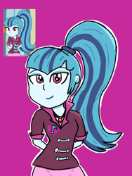 Size: 768x1024 | Tagged: safe, artist:realjoel_456, imported from derpibooru, sonata dusk, human, equestria girls, arm behind back, my little pony equestria girls: rainbow rocks, purple background, redraw, screencap reference, simple background, solo