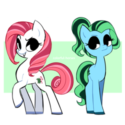 Size: 2500x2500 | Tagged: safe, artist:syrupyyy, imported from derpibooru, oc, oc only, oc:pennyroyal, oc:spring mint, earth pony, pony, duo, duo female, female, high res, siblings, sisters