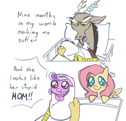 Size: 2048x1966 | Tagged: safe, artist:b3ar_mp3, imported from derpibooru, discord, fluttershy, screwball, draconequus, earth pony, pegasus, pony, comic, discoshy, female, implied male pregnancy, male, meme, nine months in my womb making me suffer, shipping, simple background, straight, trio, white background