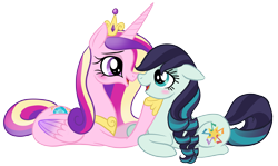 Size: 3395x2024 | Tagged: safe, artist:moondeer1616, imported from derpibooru, coloratura, princess cadance, alicorn, earth pony, pony, blushing, crack shipping, duo, duo female, female, floppy ears, high res, hoof on chin, lesbian, looking at each other, looking at someone, looking into each others eyes, mare, rara, shipping, simple background, smiling, smiling at each other, transparent background
