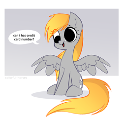 Size: 2500x2391 | Tagged: safe, artist:syrupyyy, imported from derpibooru, derpy hooves, pegasus, pony, cute, derpabetes, dialogue, eye clipping through hair, eyebrows, eyebrows visible through hair, high res, no catchlights, no iris, open mouth, seems legit, sitting, smiling, solo, speech bubble, spread wings, syrupyyy is trying to murder us, this will end in identity theft, wings