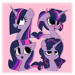 Size: 2500x2500 | Tagged: safe, artist:syrupyyy, imported from derpibooru, twilight sparkle, pony, unicorn, alternate hairstyle, blushing, cute, female, high res, horn, mare, open mouth, pink background, simple background, solo, twiabetes, unicorn twilight