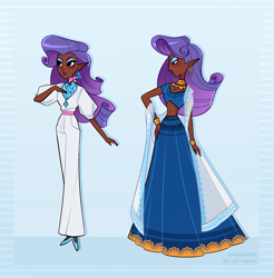 Size: 2457x2500 | Tagged: safe, artist:syrupyyy, imported from derpibooru, rarity, human, clothes, dark skin, dress, ear piercing, earring, elf ears, eyeshadow, female, high res, humanized, jewelry, makeup, piercing, solo, suit