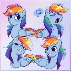 Size: 2252x2258 | Tagged: safe, artist:syrupyyy, imported from derpibooru, rainbow dash, pegasus, pony, cute, dashabetes, dialogue, eye clipping through hair, eyes closed, female, folded wings, gritted teeth, high res, mare, no catchlights, open mouth, purple background, simple background, smiling, solo, speech bubble, talking, teeth, watermark, wings