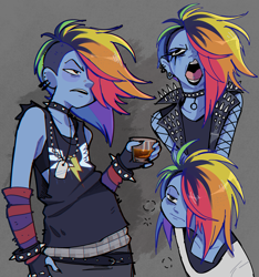 Size: 2424x2589 | Tagged: safe, artist:syrupyyy, imported from derpibooru, rainbow dash, human, equestria girls, abstract background, alcohol, alternate design, alternate hairstyle, arm warmers, belt, black lipstick, bra, choker, clothes, collar, drink, dyed hair, ear piercing, earring, female, fishnet clothing, frown, glass, hair over one eye, jacket, jewelry, leather, leather jacket, lipstick, makeup, multicolored hair, necklace, open mouth, painted nails, piercing, punk, rainbow hair, rainbow punk, running makeup, sharp nails, shirt, shot glass, solo, spiked choker, spiked collar, spiked wristband, t-shirt, tanktop, tired, triality, underwear, wristband