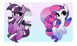 Size: 2694x1632 | Tagged: safe, artist:syrupyyy, imported from derpibooru, rarity, twilight sparkle, pony, unicorn, asexual, asexual pride flag, bisexual pride flag, blushing, bow, cute, duo, duo female, eyeshadow, female, gradient background, grin, horn, makeup, mare, markings, pride, pride flag, raised hoof, raised leg, raribetes, smiling, smirk, tail, tail bow, twiabetes, unicorn twilight