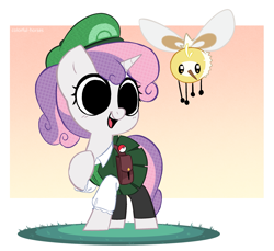 Size: 2343x2150 | Tagged: safe, artist:syrupyyy, imported from derpibooru, sweetie belle, pony, unicorn, alternate hairstyle, bag, belt, clothes, cosplay, costume, crossover, cute, cutiefly, diasweetes, female, filly, foal, hat, high res, horn, open mouth, open smile, pants, poké ball, pokémon, pokémon trainer, ponytail, raised hoof, shirt, skirt, smiling, solo