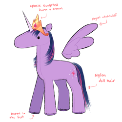 Size: 1606x1606 | Tagged: safe, artist:syrupyyy, imported from derpibooru, twilight sparkle, alicorn, pony, unicorn, annotations, beady eyes, beans, drawing, food, horn, jewelry, magnets, plushie, solo, tiara, toy interpretation, twilight sparkle (alicorn), wings