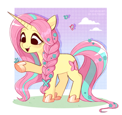 Size: 2204x2087 | Tagged: safe, artist:syrupyyy, imported from derpibooru, fluttershy, butterfly, pony, unicorn, alternate hairstyle, commission, cute, female, fluttershy (g5 concept leak), g5 concept leak style, g5 concept leaks, grass, high res, hoof shoes, horn, mare, open mouth, open smile, race swap, raised hoof, shyabetes, smiling, solo, unicorn fluttershy