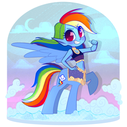 Size: 2500x2500 | Tagged: safe, artist:syrupyyy, imported from derpibooru, rainbow dash, centaur, taur, alternate hairstyle, centaurdash, centaurified, clothes, cloud, elf ears, female, grin, high res, pointing at self, skirt, sky, smiling, solo, species swap, sports bra