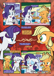 Size: 2482x3509 | Tagged: safe, artist:alexdti, artist:v-nico, imported from derpibooru, applejack, rarity, earth pony, pony, unicorn, comic:how we met, applejack's hat, comic, cowboy hat, dialogue, donut, duo, duo female, eyes closed, eyeshadow, female, filly, filly applejack, filly rarity, floppy ears, foal, food, freckles, hat, horn, indoors, makeup, mare, outdoors, raised hoof, speech bubble, talking, tongue out, younger